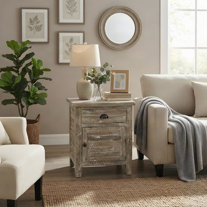 Rustic Farmhouse Solid Wood Small End Table with Door and Drawer, Washed Grey