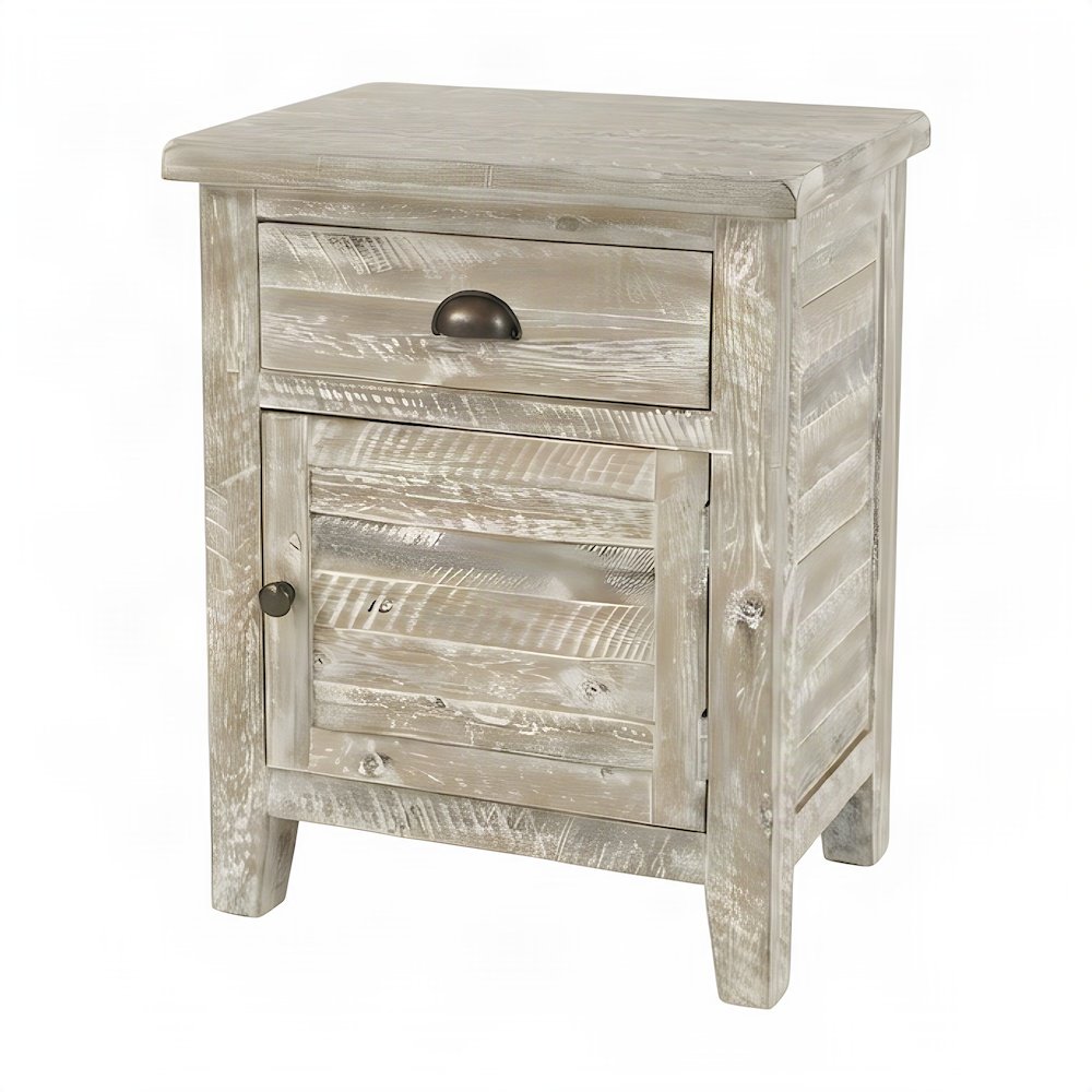 Rustic Farmhouse Solid Wood Small End Table with Door and Drawer, Washed Grey