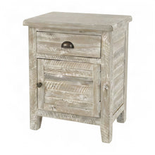 Rustic Farmhouse Solid Wood Small End Table with Door and Drawer, Washed Grey