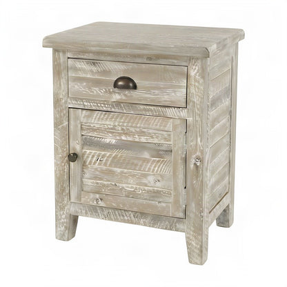 Rustic Farmhouse Solid Wood Small End Table with Door and Drawer, Washed Grey