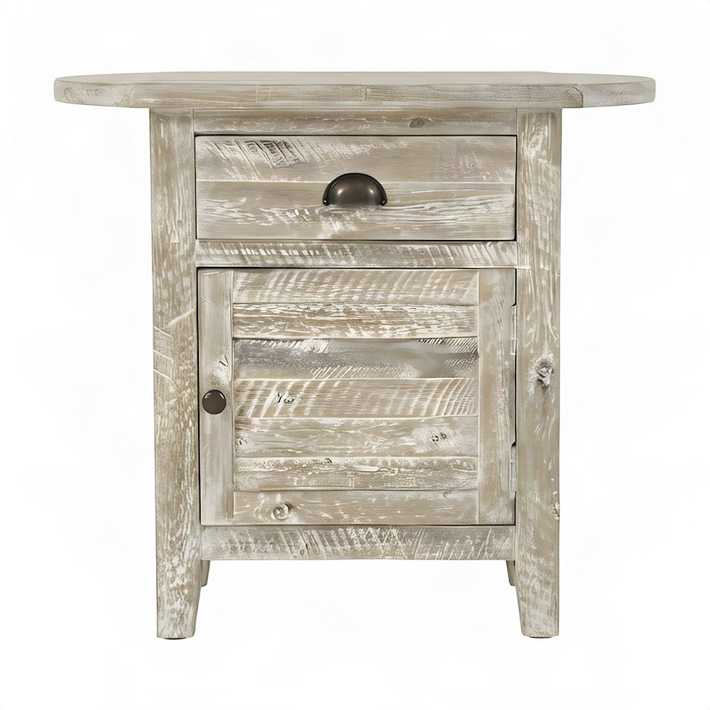 Rustic Farmhouse Solid Wood Small End Table with Door and Drawer, Washed Grey