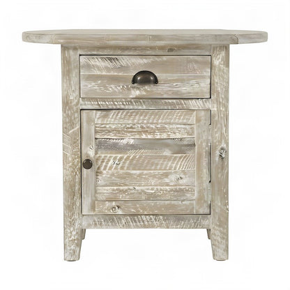 Rustic Farmhouse Solid Wood Small End Table with Door and Drawer, Washed Grey