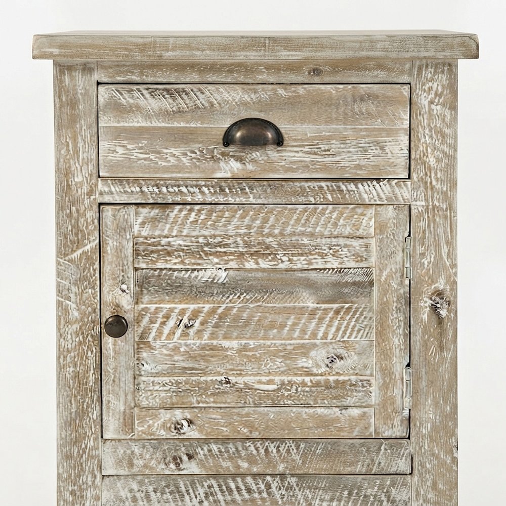 Rustic Farmhouse Solid Wood Small End Table with Door and Drawer, Washed Grey