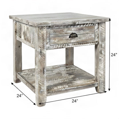 Rustic Farmhouse Distressed Solid Acacia Wood End Table with Drawer, Grey