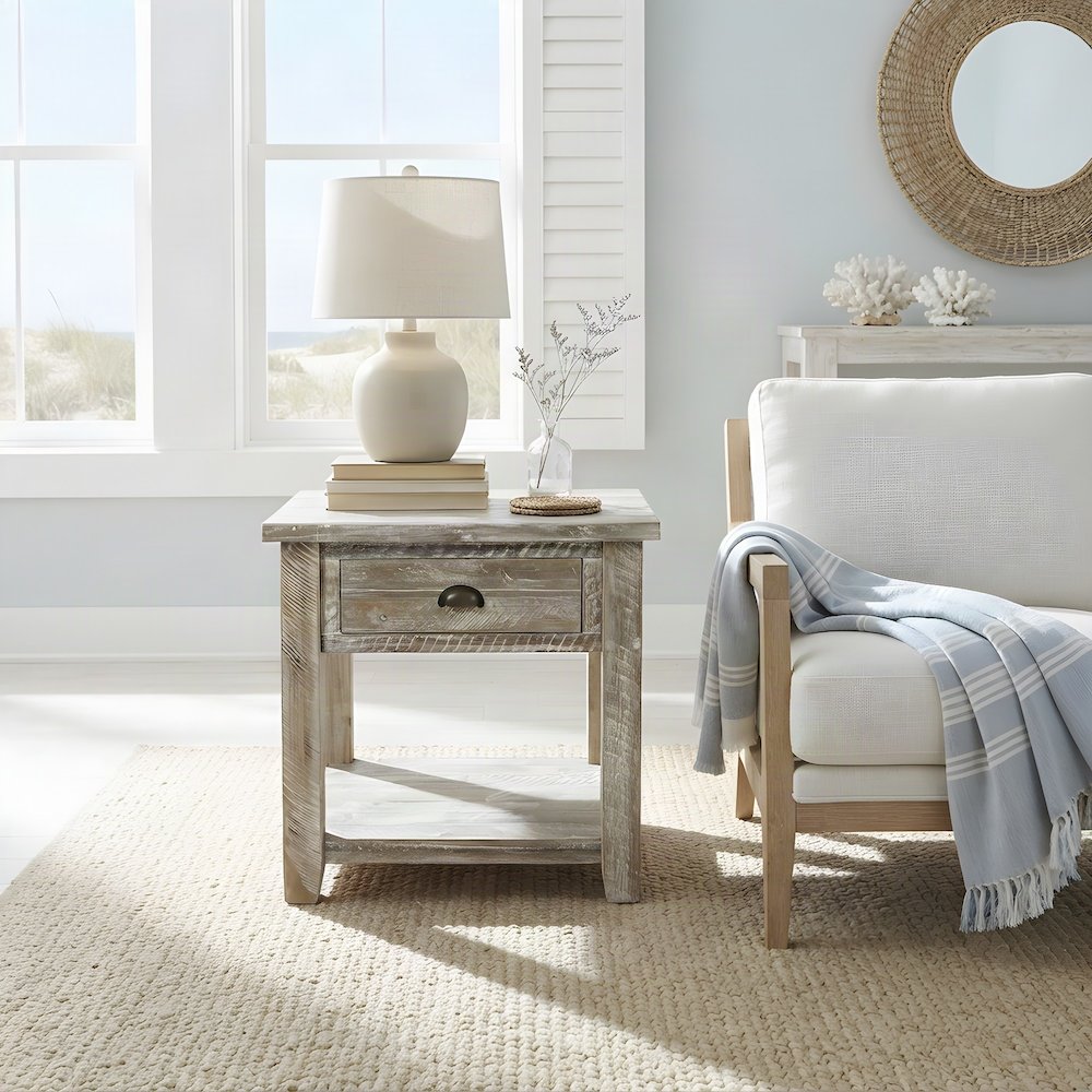 Rustic Farmhouse Distressed Solid Acacia Wood End Table with Drawer, Grey