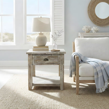Rustic Farmhouse Distressed Solid Acacia Wood End Table with Drawer, Grey