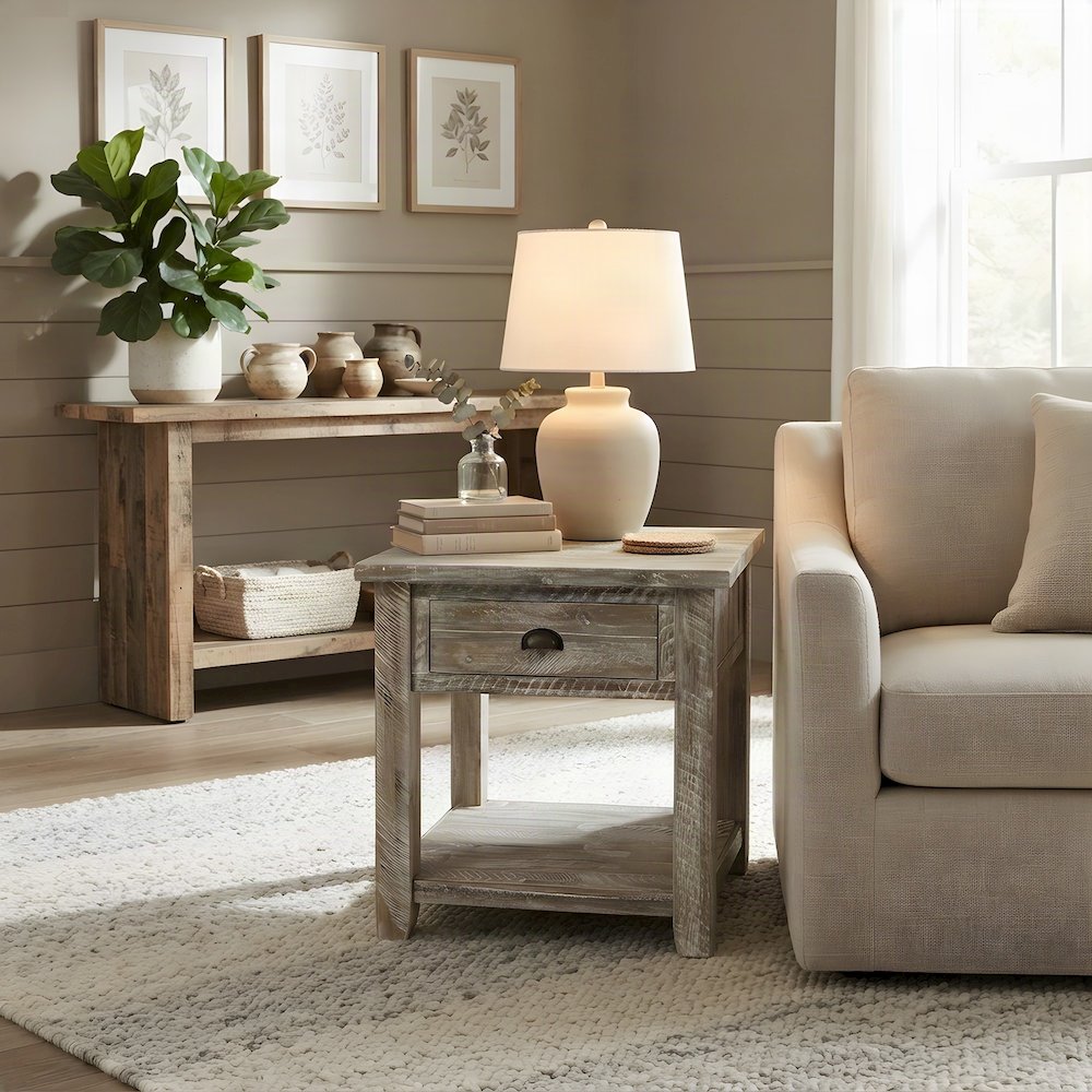 Rustic Farmhouse Distressed Solid Acacia Wood End Table with Drawer, Grey