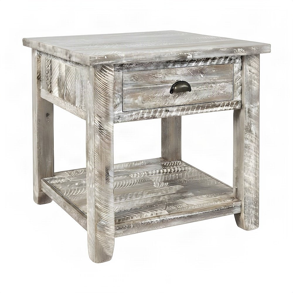 Rustic Farmhouse Distressed Solid Acacia Wood End Table with Drawer, Grey