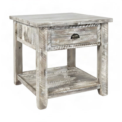 Rustic Farmhouse Distressed Solid Acacia Wood End Table with Drawer, Grey