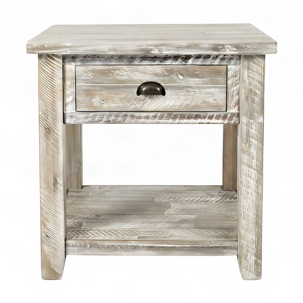 Rustic Farmhouse Distressed Solid Acacia Wood End Table with Drawer, Grey