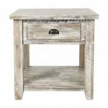 Rustic Farmhouse Distressed Solid Acacia Wood End Table with Drawer, Grey
