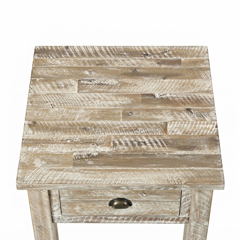 Rustic Farmhouse Distressed Solid Acacia Wood End Table with Drawer, Grey