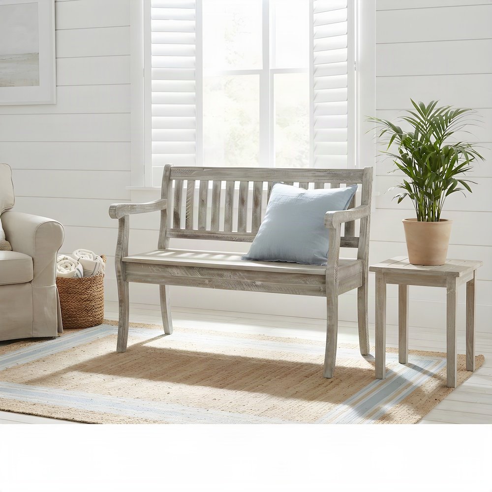 Acacia Wood Distressed Storage Bench with Lift-Top, Farmhouse, Washed Grey