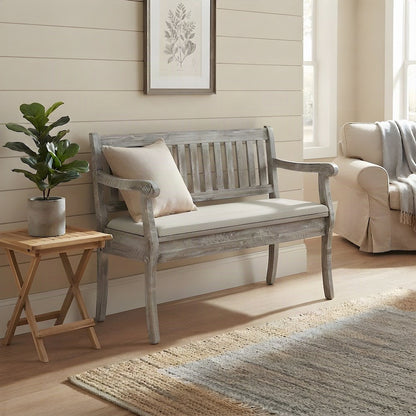 Acacia Wood Distressed Storage Bench with Lift-Top, Farmhouse, Washed Grey