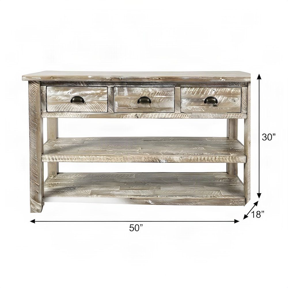 Farmhouse Distressed Acacia Wood Console Sofa Table, 3 Drawers, Washed Grey