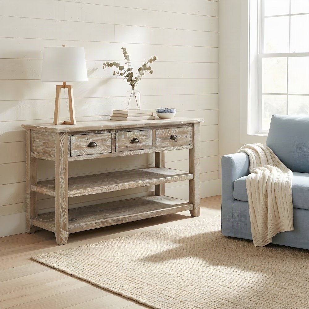 Farmhouse Distressed Acacia Wood Console Sofa Table, 3 Drawers, Washed Grey