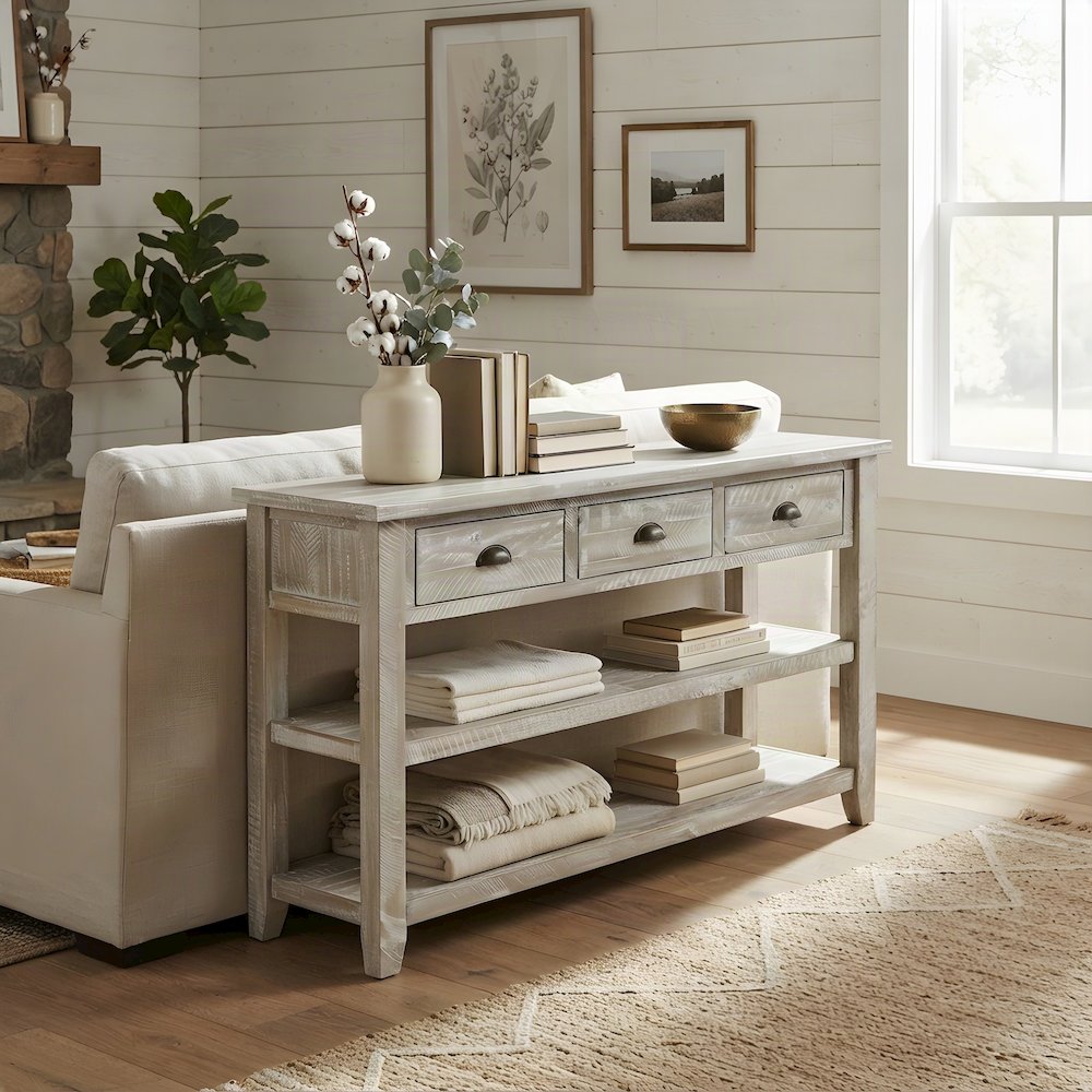 Farmhouse Distressed Acacia Wood Console Sofa Table, 3 Drawers, Washed Grey