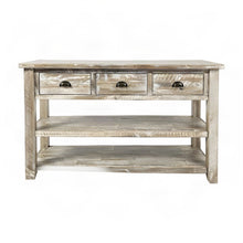Farmhouse Distressed Acacia Wood Console Sofa Table, 3 Drawers, Washed Grey