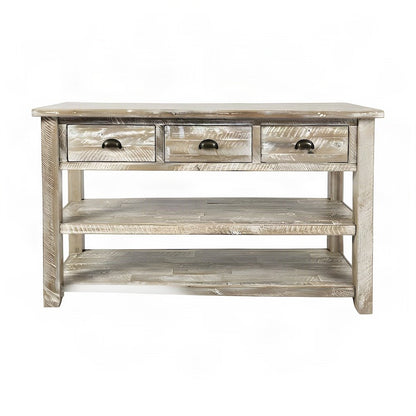 Farmhouse Distressed Acacia Wood Console Sofa Table, 3 Drawers, Washed Grey
