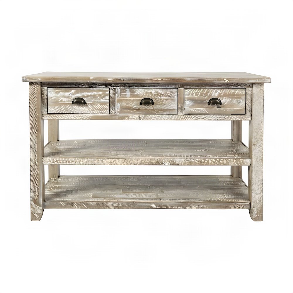 Farmhouse Distressed Acacia Wood Console Sofa Table, 3 Drawers, Washed Grey