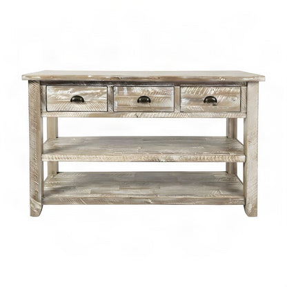 Farmhouse Distressed Acacia Wood Console Sofa Table, 3 Drawers, Washed Grey