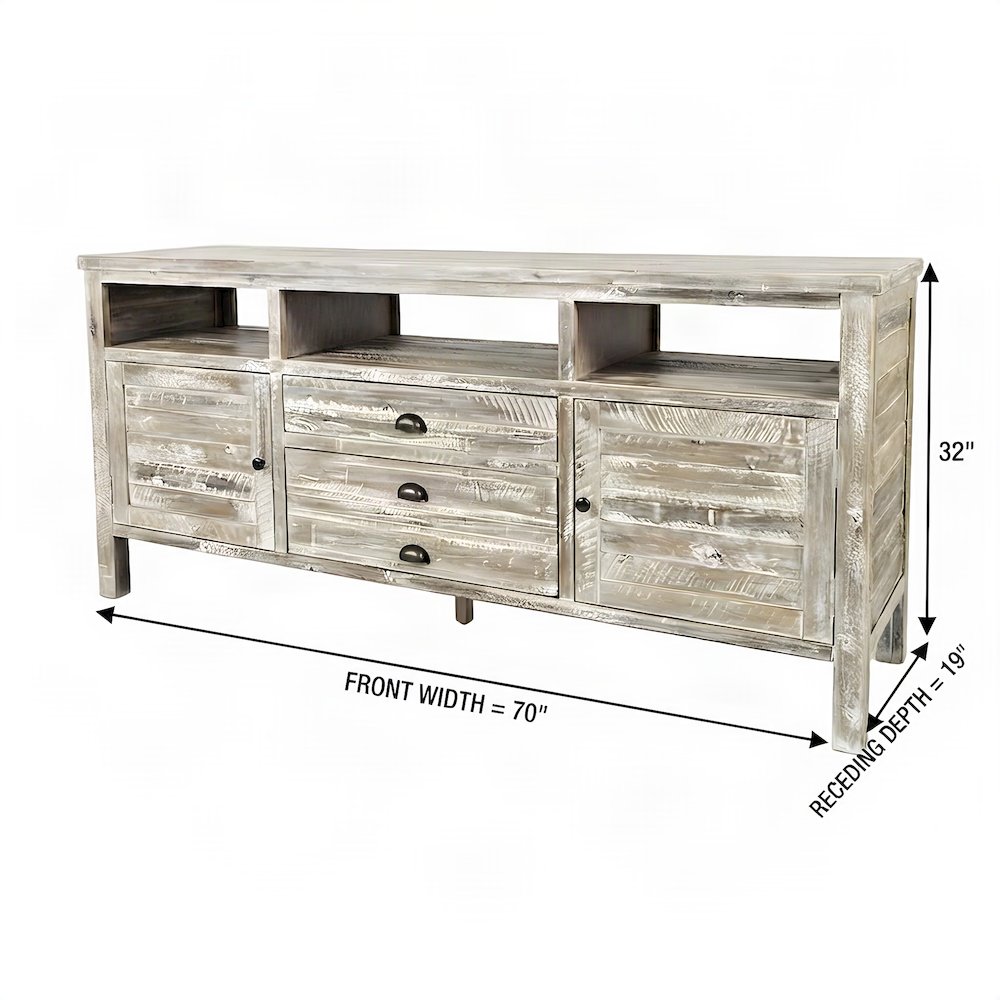 Rustic Farmhouse Distressed Acacia TV Stand with Drawers and Doors, Washed Grey