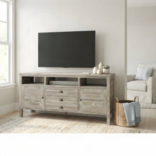 Rustic Farmhouse Distressed Acacia TV Stand with Drawers and Doors, Washed Grey