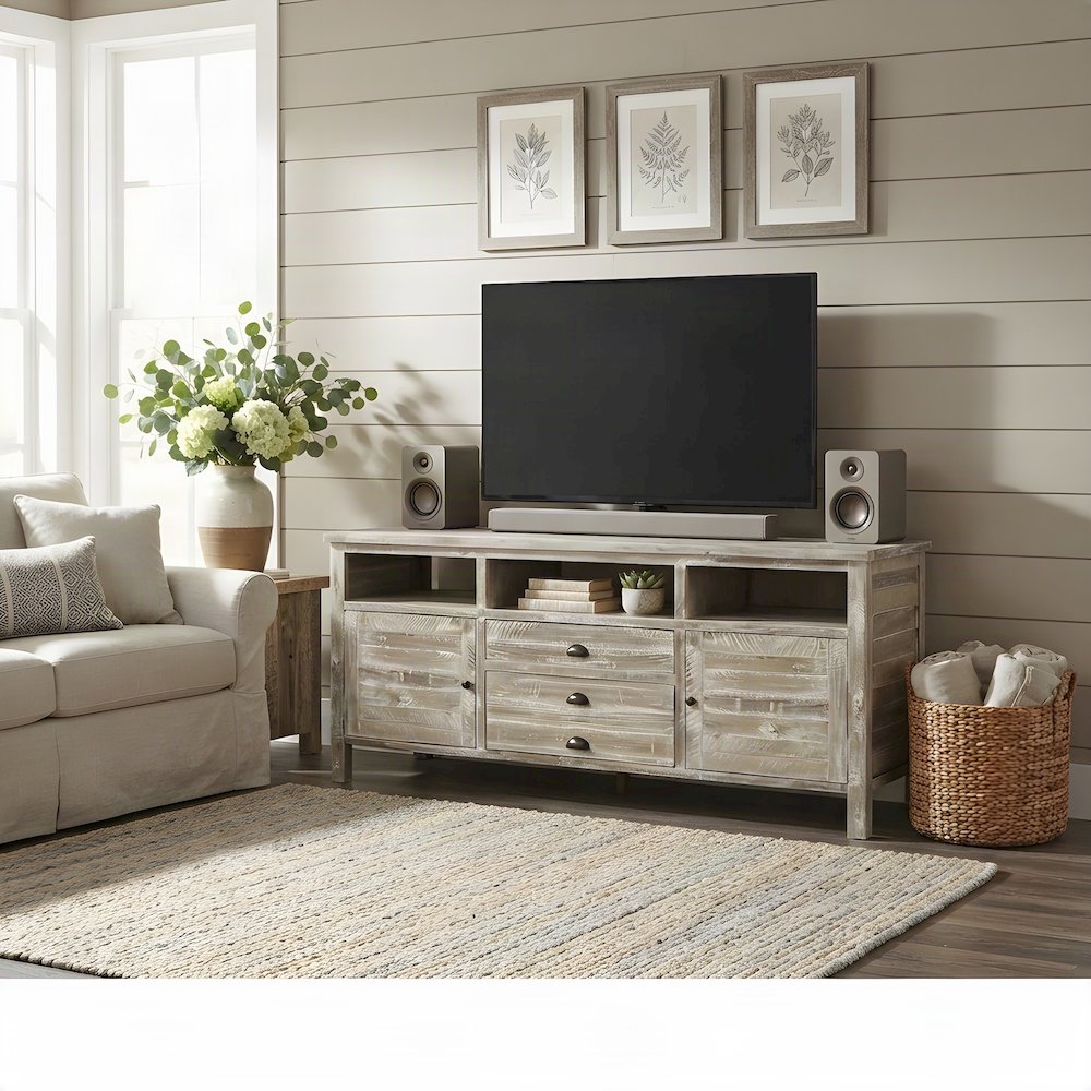 Rustic Farmhouse Distressed Acacia TV Stand with Drawers and Doors, Washed Grey