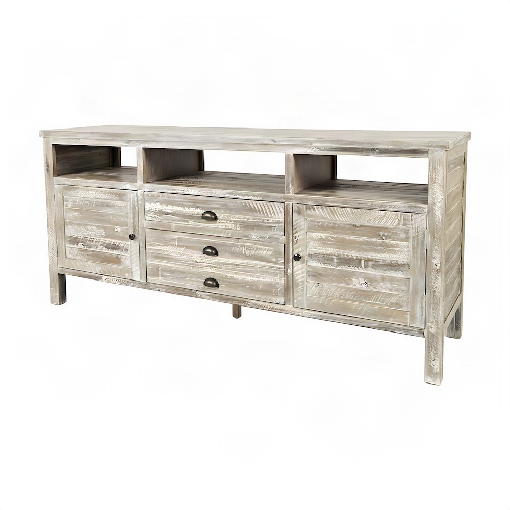 Rustic Farmhouse Distressed Acacia TV Stand with Drawers and Doors, Washed Grey