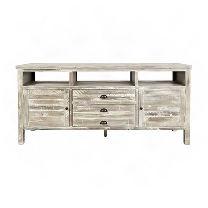 Rustic Farmhouse Distressed Acacia TV Stand with Drawers and Doors, Washed Grey