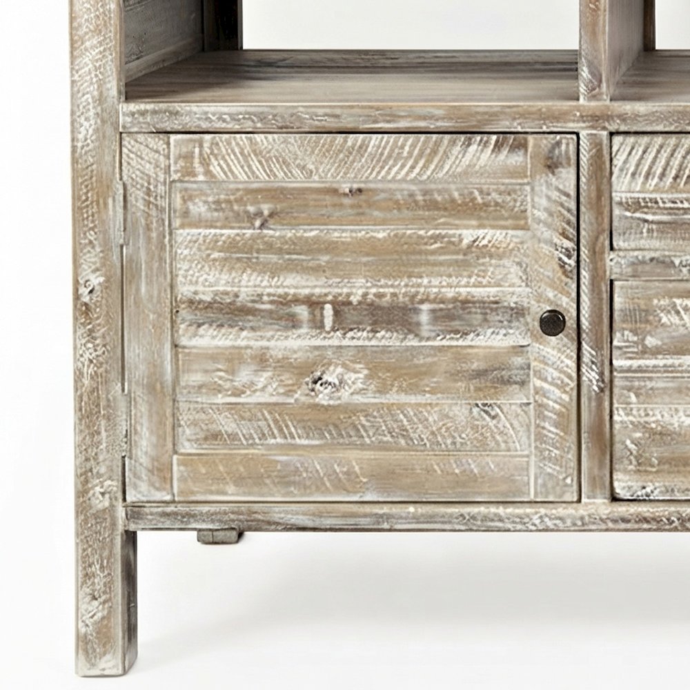 Rustic Farmhouse Distressed Acacia TV Stand with Drawers and Doors, Washed Grey