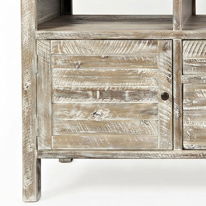 Rustic Farmhouse Distressed Acacia TV Stand with Drawers and Doors, Washed Grey