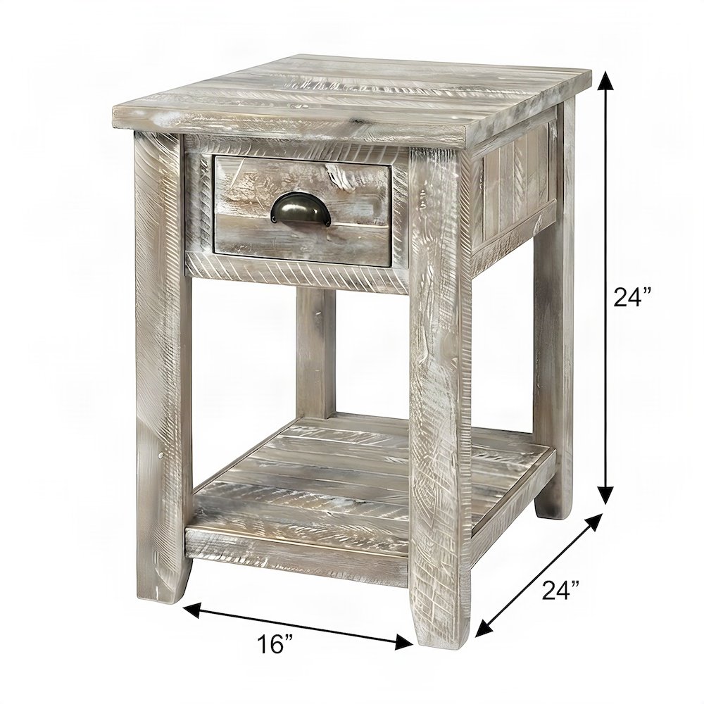 Solid Acacia Wood Distressed Farmhouse Chairside Table with Drawer, Washed Grey