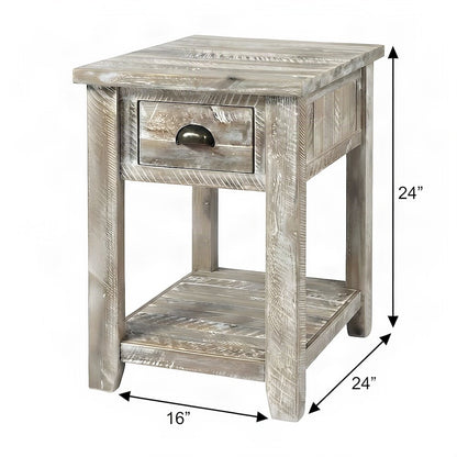 Solid Acacia Wood Distressed Farmhouse Chairside Table with Drawer, Washed Grey
