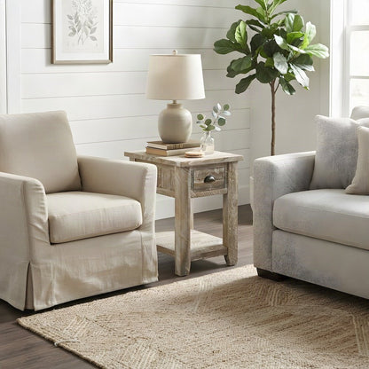Solid Acacia Wood Distressed Farmhouse Chairside Table with Drawer, Washed Grey