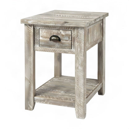 Solid Acacia Wood Distressed Farmhouse Chairside Table with Drawer, Washed Grey