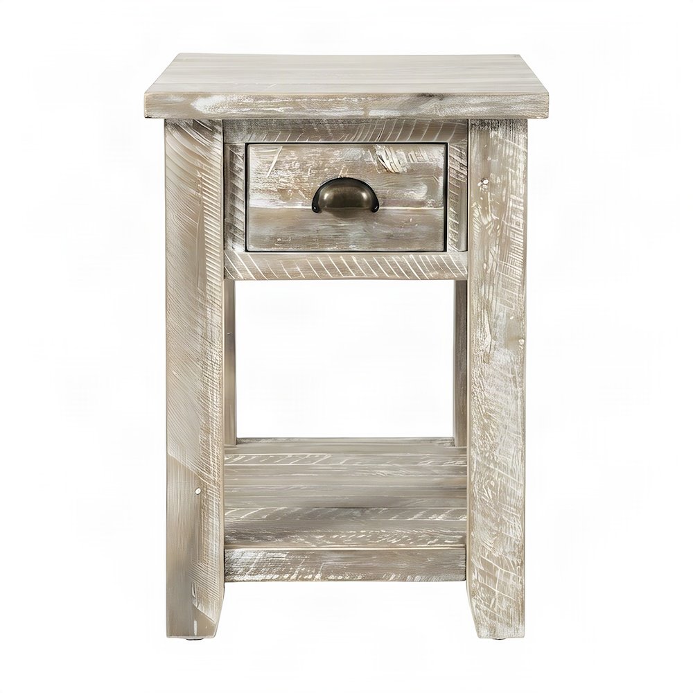 Solid Acacia Wood Distressed Farmhouse Chairside Table with Drawer, Washed Grey