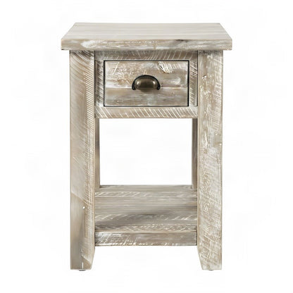 Solid Acacia Wood Distressed Farmhouse Chairside Table with Drawer, Washed Grey