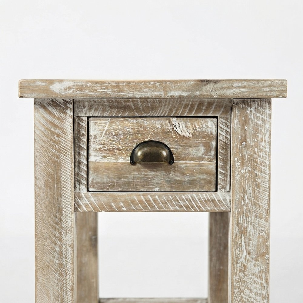 Solid Acacia Wood Distressed Farmhouse Chairside Table with Drawer, Washed Grey