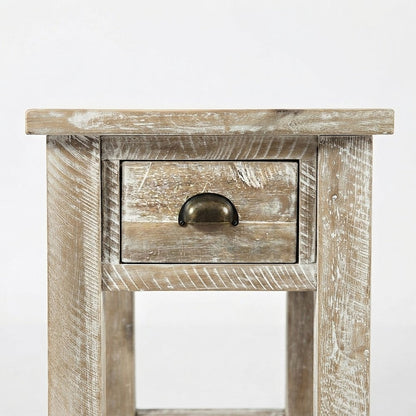 Solid Acacia Wood Distressed Farmhouse Chairside Table with Drawer, Washed Grey
