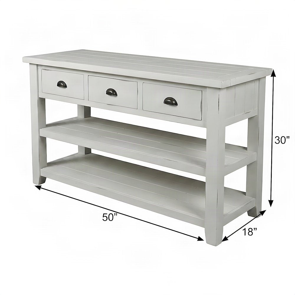 Farmhouse Acacia Console Sofa Table, 3 Drawers, Distressed Weathered White