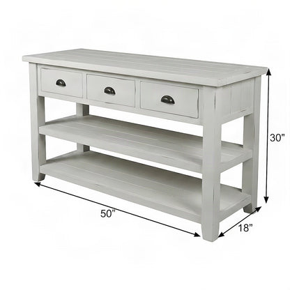 Farmhouse Acacia Console Sofa Table, 3 Drawers, Distressed Weathered White