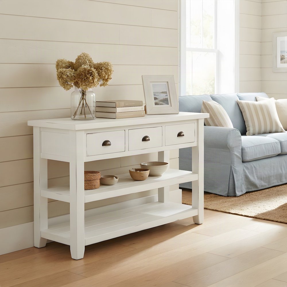 Farmhouse Acacia Console Sofa Table, 3 Drawers, Distressed Weathered White