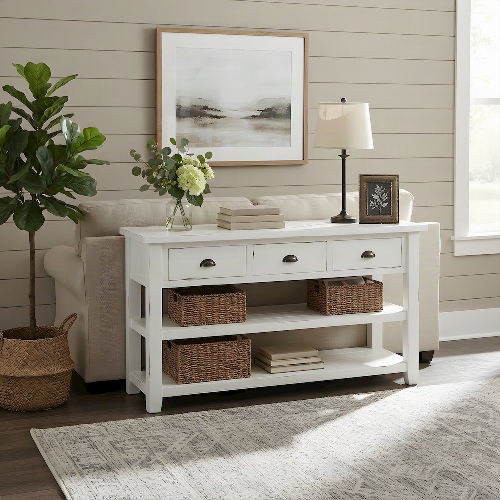 Farmhouse Acacia Console Sofa Table, 3 Drawers, Distressed Weathered White