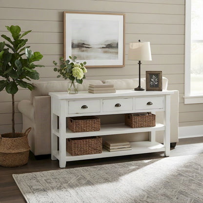 Farmhouse Acacia Console Sofa Table, 3 Drawers, Distressed Weathered White