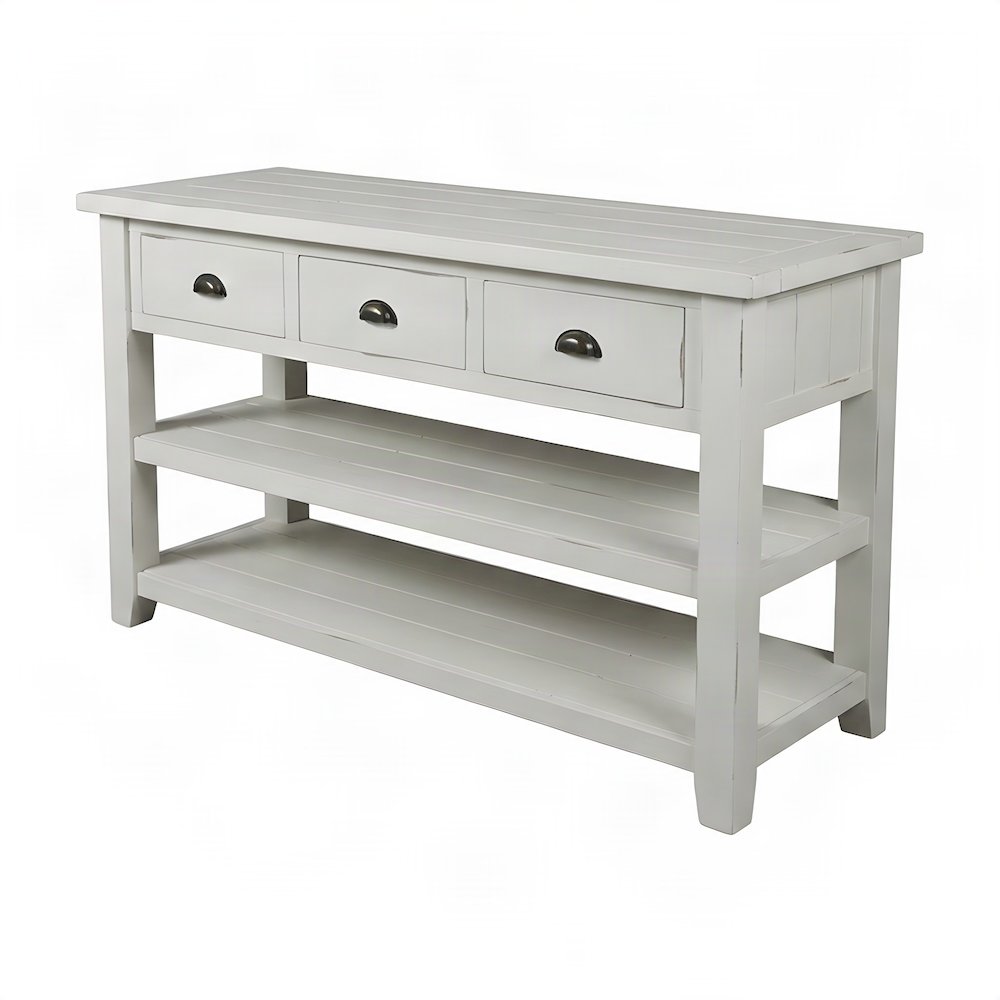Farmhouse Acacia Console Sofa Table, 3 Drawers, Distressed Weathered White