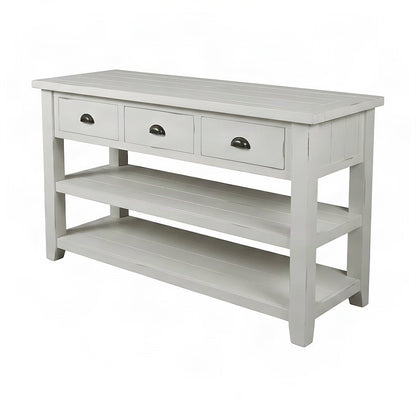 Farmhouse Acacia Console Sofa Table, 3 Drawers, Distressed Weathered White