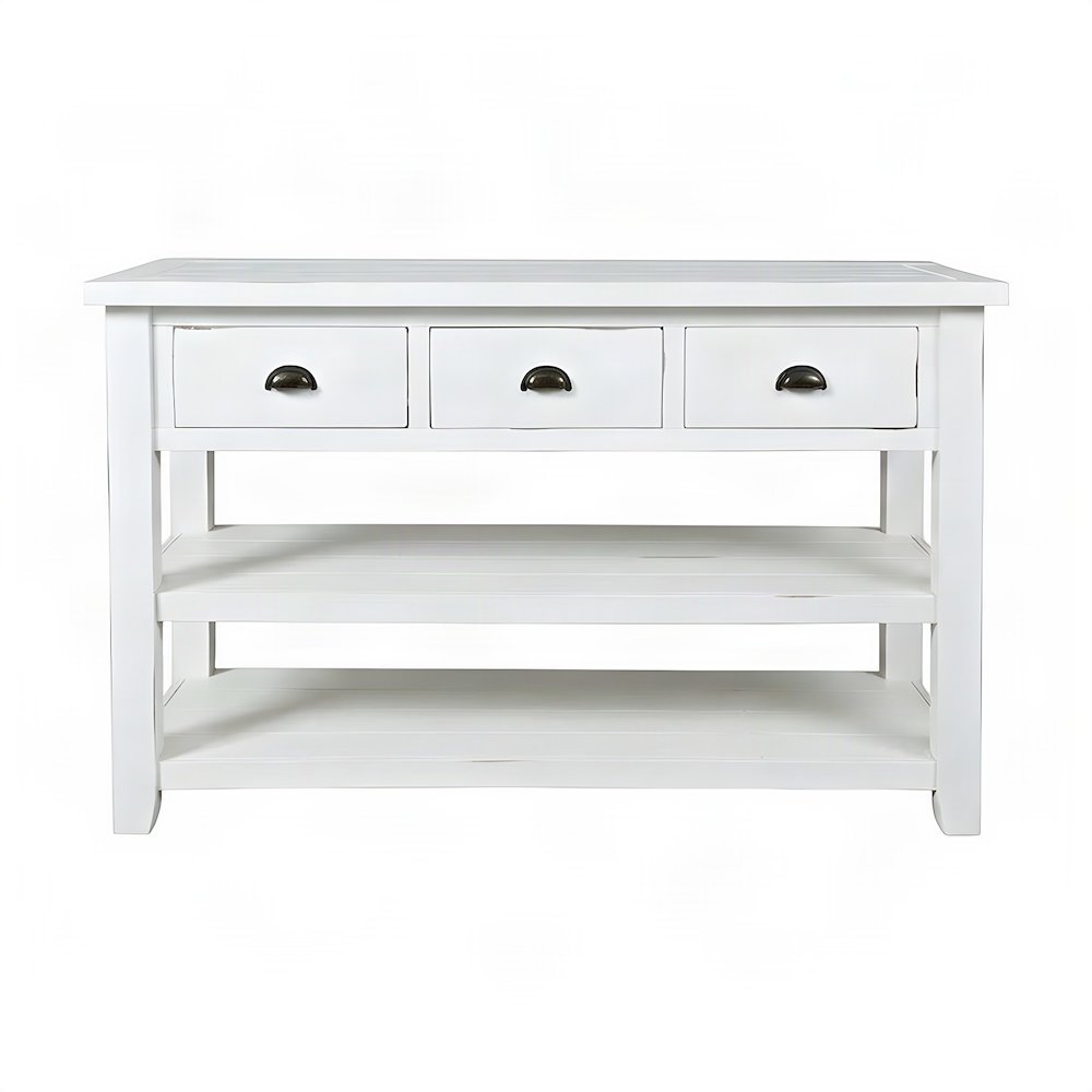 Farmhouse Acacia Console Sofa Table, 3 Drawers, Distressed Weathered White