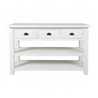 Farmhouse Acacia Console Sofa Table, 3 Drawers, Distressed Weathered White