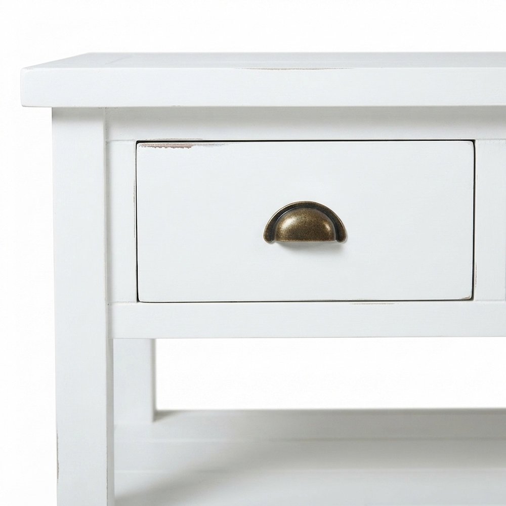 Farmhouse Acacia Console Sofa Table, 3 Drawers, Distressed Weathered White